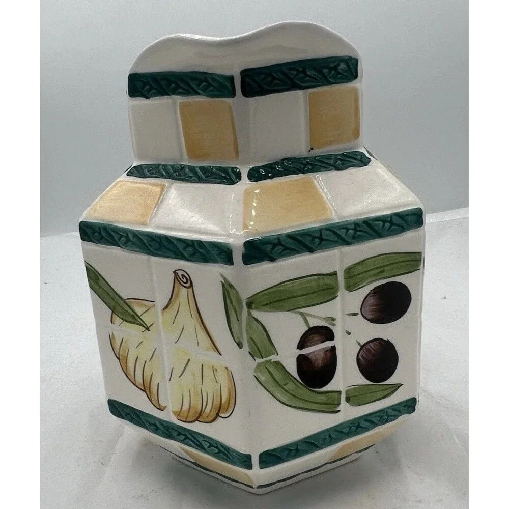 Vintage Clay Art San Francisco Olive Garlic Ceramic Pitcher Hexagon AS IS Rare
